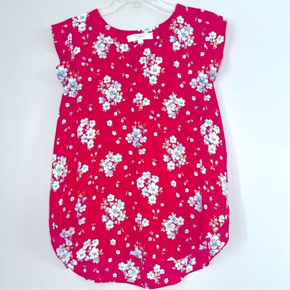 LOFT Magenta Floral Flutter Short Sleeve V Neck Pop Over Blouse Size M - Picture 1 of 10